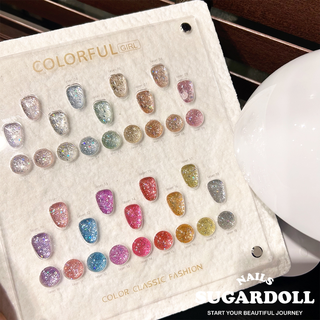 【พร้อมส่งในBangkok】ยาทาเล็บเจล สีกากเพชร+เลเซอร์แฟลช  nails  เล็บ 18สี สีเจล  COLORFUL GIRL สีเล็บเจ