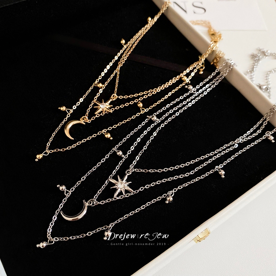 DREJEW ชุดสร้อยคอ 3 ชิ้น จี้ดวงจันทร์ดาวจี้เพชรซิคอน สไตล์ฝรั่งเศสลักชัวรี่ เหมาะสำหรับใส่ประจำวัน เดท ปาร์ตี้ และของขวัญ