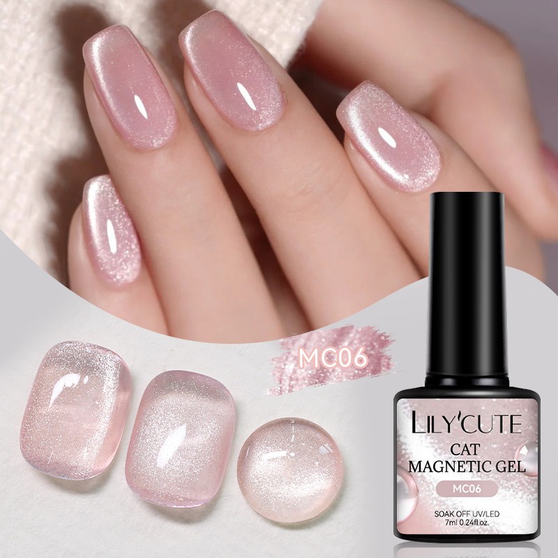LILYCUTE สีขาวสีชมพูลูกปัดแก้วแมวตาแม่เหล็กเจล Polish Soak Off สีสัน Jelly UV LED เจลเล็บเคลือบเงา