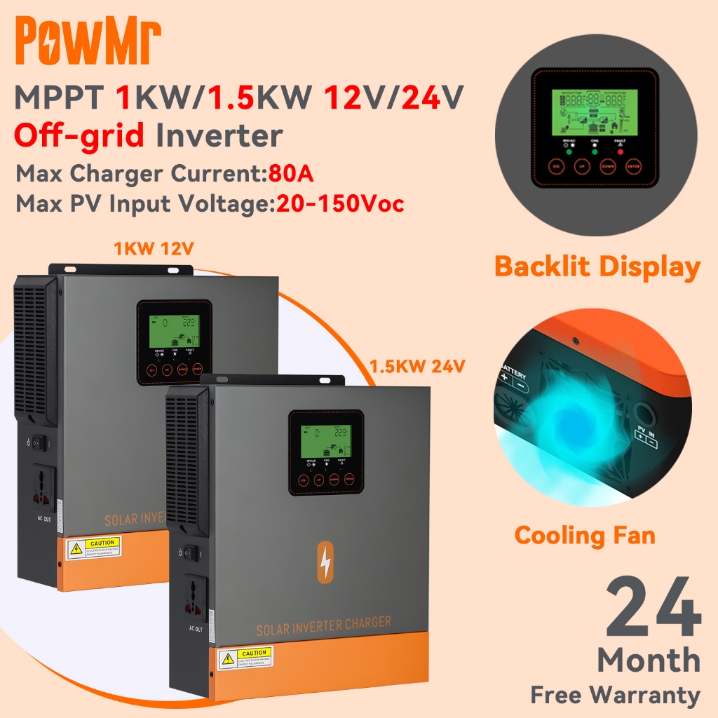 PowMr 1KW/1.5KW 12 V/24 V Hybrid Solar Inverter 230Vac PV Startup แรงดันไฟฟ้า 20Voc ในตัว 80A MPPT Solar Charge Controller 50/60Hz อัตโนมัติ Pure Sine Wave อินเวอร์เตอร์