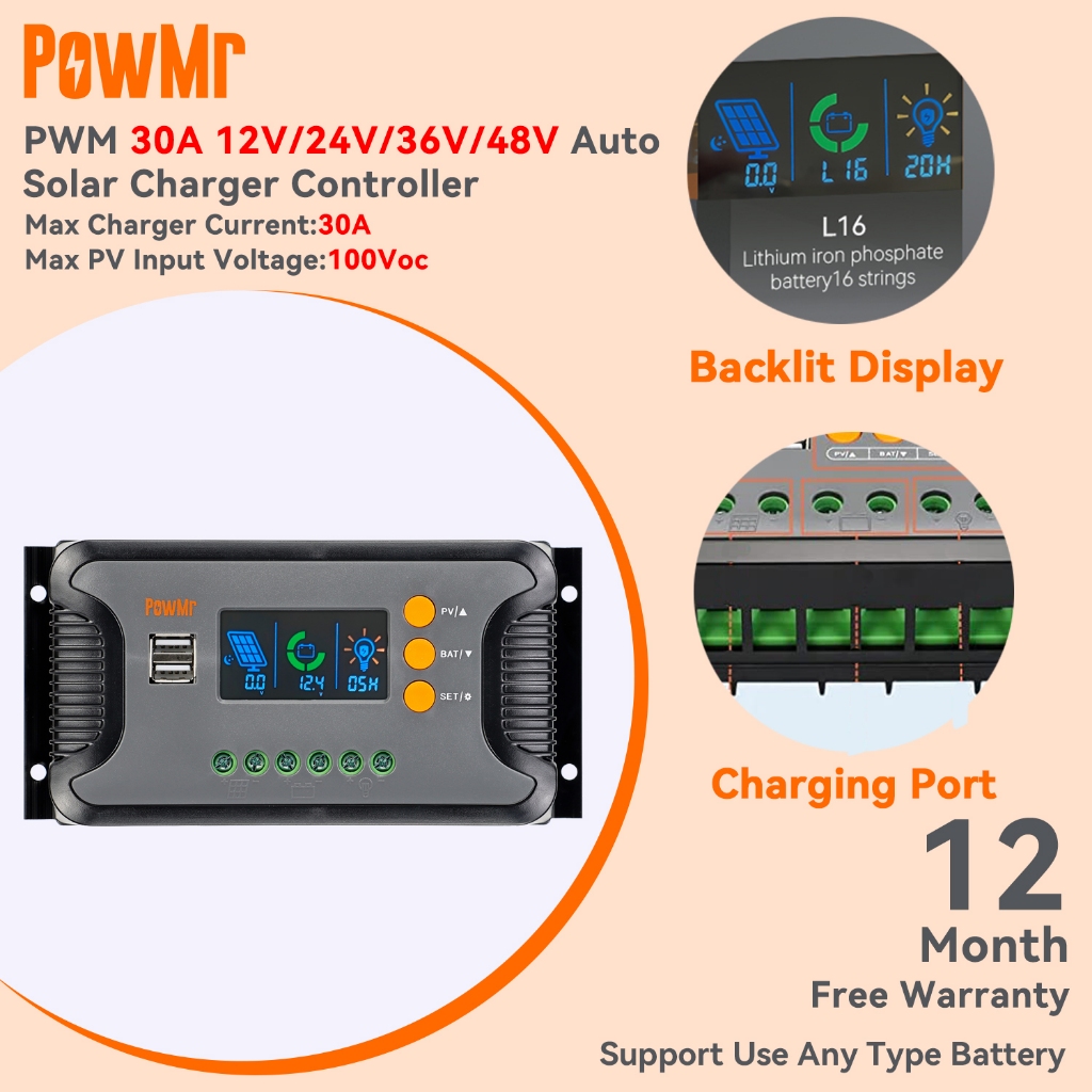 ร้านค้าอย่างเป็นทางการPowMr PWM 30A Solar Charge Controller 12 V/24 V/36 V/48 V Auto พร้อมจอแสดงผล LCD PV แผงอินพุตสูงสุดแรงดันไฟฟ้า 100Voc สนับสนุนการใช้ทุกชนิดแบตเตอรี่ 1 Yea