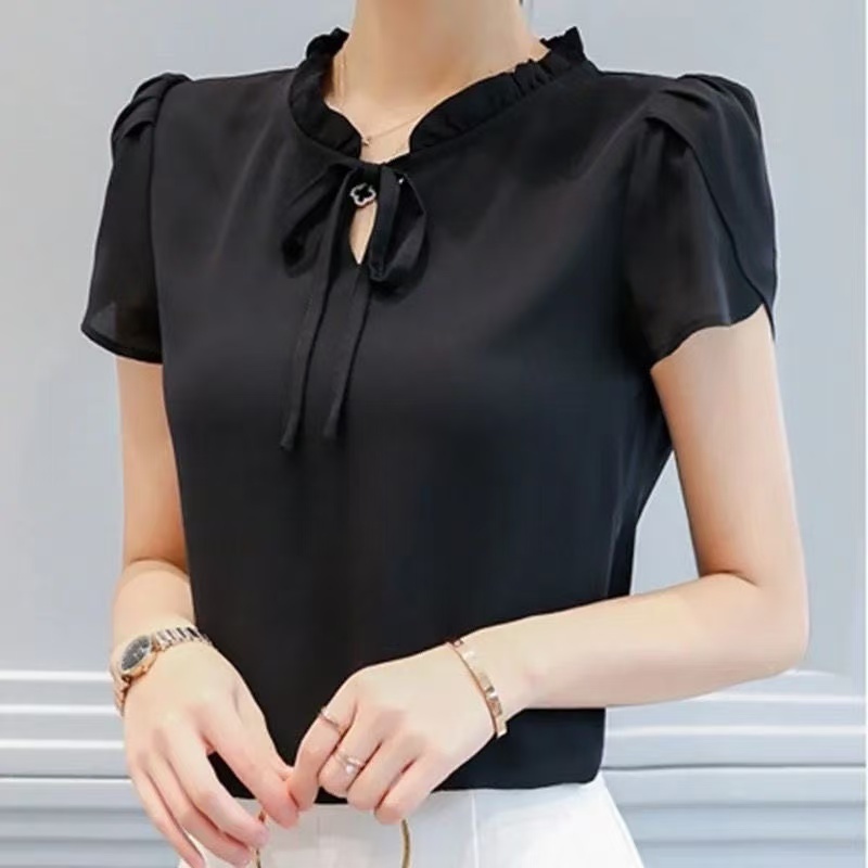 เสื้อชีฟองแขนสั้นรอบคอกางเกง ใส่สบายสำหรับฤดูร้อน