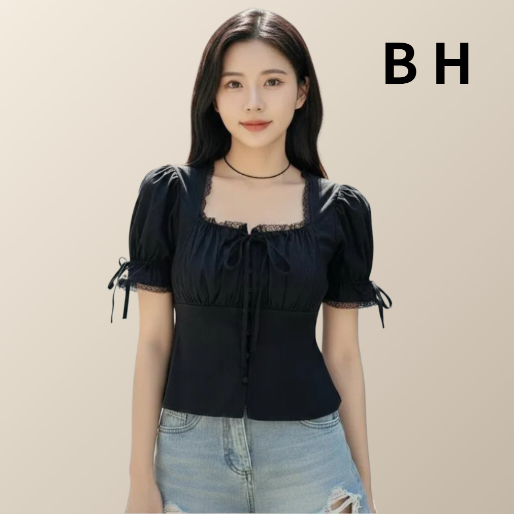 เสื้อลูกไม้แขนพองแขนสั้นสำหรับผู้หญิง แบบเกาหลี คอปักลูกไม้และมีเชือกรูด