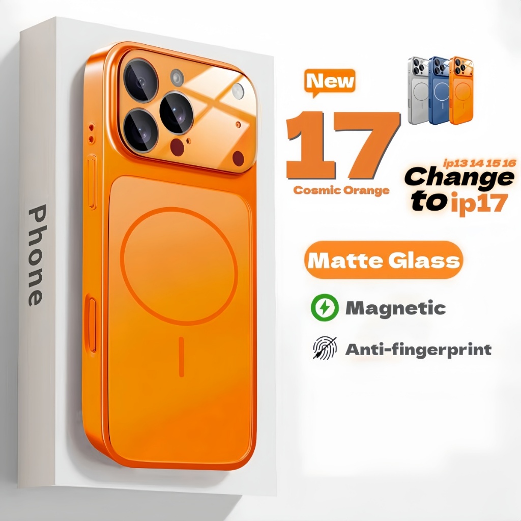 ปลอกหรูหรากันกระแทก Corning Matte Glass เคสโทรศัพท์พร้อมตัวป้องกันเลนส์สําหรับ iPhone 16 15 14 13 Pro Max ถึง 17 Pro Max air สีส้ม pc hard Case ฝาหลังแม่เหล็ก