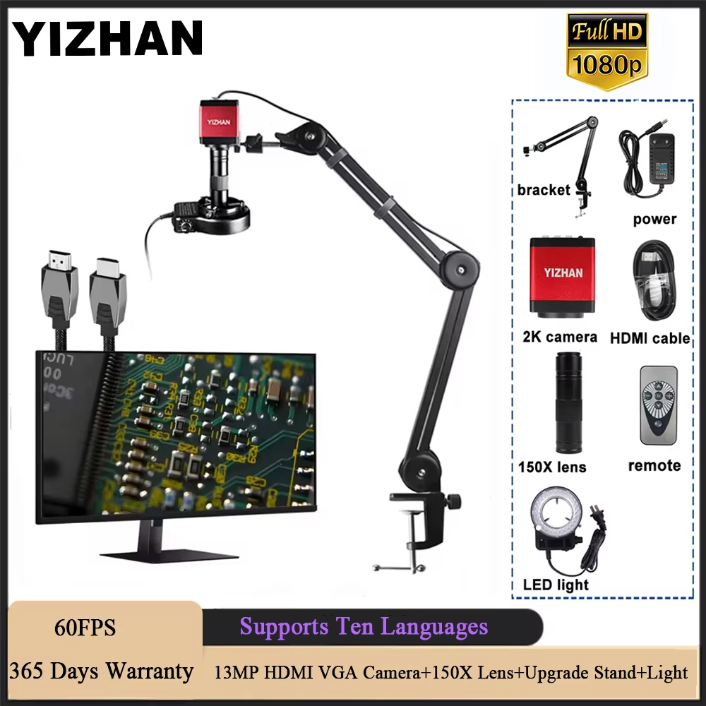 YIZHAN กล้องจุลทรรศน์ 13MP HDMI VGA กล้องอุตสาหกรรม 150X เลนส์สำหรับการวัดการบัดกรี PCB