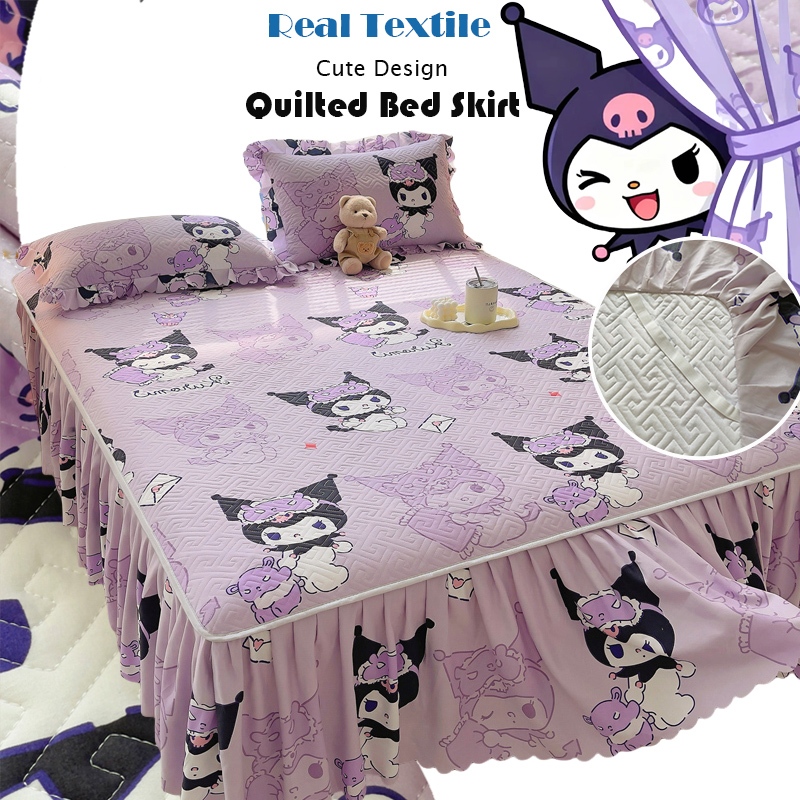ผ้าปูที่นอนมีระบาย 45 ซม. ลายคุโรมิ/เมโลดี้ สีชมพู ขนาด 3.5 ฟุต/6 ฟุต
