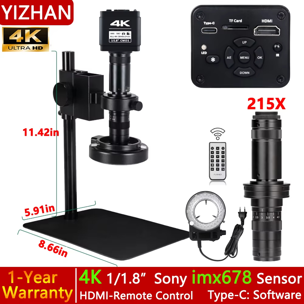 กล้องจุลทรรศน์ดิจิตอล 4K สําหรับบัดกรี, 48MP HDMI USB กล้องจุลทรรศน์กล้อง 1/1.8 "HD imx678 เซ็นเซอร์, กล้องจุลทรรศน์วิดีโอเลนส์ 215X