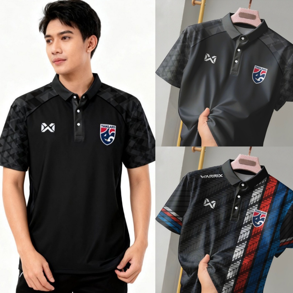 พระราชินีพระพันปีหลวงเสื้อโปโลสีดำแขนสั้นชาย ลายทีมชาติไทย ระบายอากาศได้ดี สปอร์ตและลำลอง