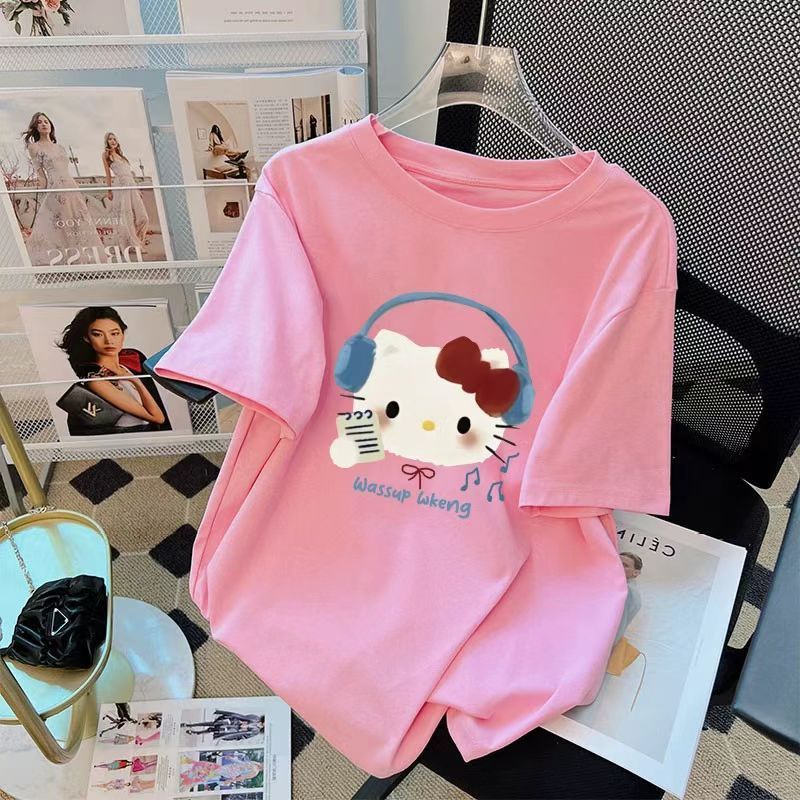 [L-4XL] เสื้อยืดผู้หญิงลายการ์ตูนแมว ไซส์ใหญ่ สวมใส่ง่าย อเนกประสงค์เหมาะสำหรับหน้าร้อน