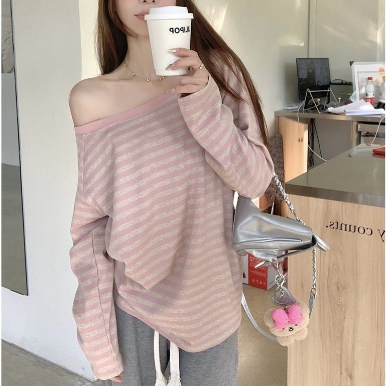 【WJZ】เสื้อยืดแขนยาวเปิดไหล่ลายทางหลวมๆ สำหรับผู้หญิงเกาหลี【7825】