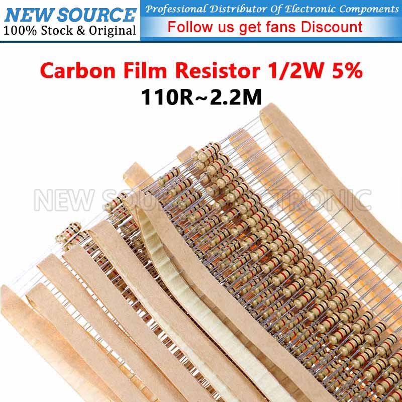 [100 ชิ้น] ตัวต้านทานฟิล์มคาร์บอน 1/2W 5% 110R 2.2M 220R 470R 120R 330R 2.2M 510R 680R 150R 200R 1M 