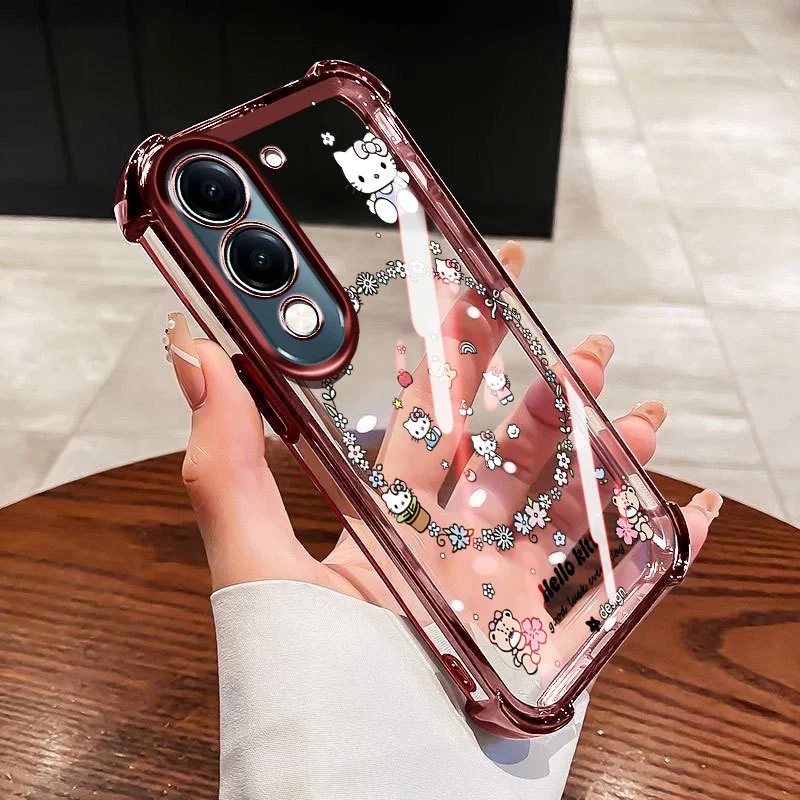 YBDปลอกสําหรับVivo Y31 5G Y21D 4G Y19S Y29 5G Y04 Y29S Y19E Y29 T4X 5Gดอกไม้KTการ์ตูนสไตล์Electroplating Clear ShellFourมุมAnti Fall