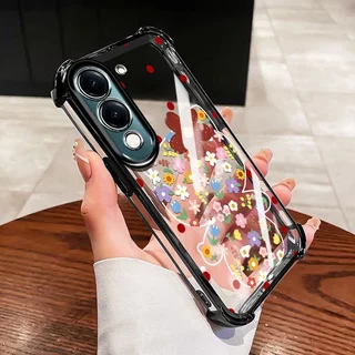 YBDปลอกสําหรับVivo Y31 5G Y21D 4G Y19S Y29 5G Y04 Y29S Y19E Y29 T4X 5Gดอกไม้KTการ์ตูนสไตล์Electroplating Clear ShellFourมุมAnti Fall