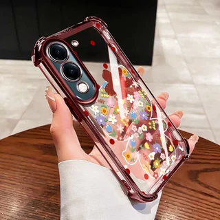 YBDปลอกสําหรับVivo Y31 5G Y21D 4G Y19S Y29 5G Y04 Y29S Y19E Y29 T4X 5Gดอกไม้KTการ์ตูนสไตล์Electroplating Clear ShellFourมุมAnti Fall