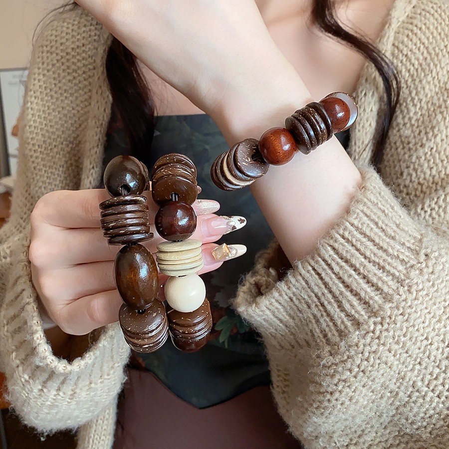[เจวบิวตี้]สร้อยข้อมือลูกปัดกะลาไม้ทรงกลม สไตล์ย้อนยุค แฟชั่นหรูหราสำหรับคนชอบเครื่องประดับพิเศษ