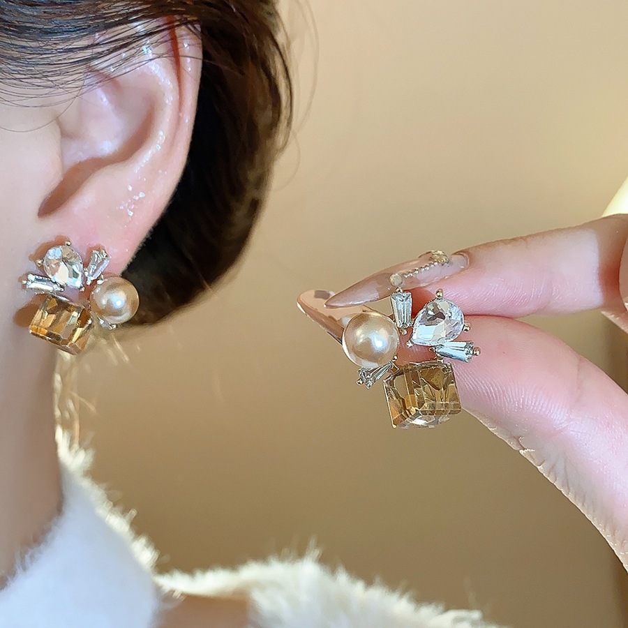 [JewBeautY]ต่างหูสี่เหลี่ยมเพชรประดับเข็มเงิน สไตล์หรูหราสำหรับผู้หญิง