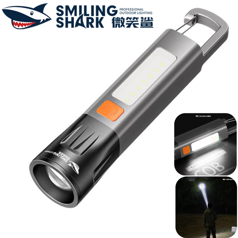 ไฟฉาย SMILING SHARK LED ไฟฉาย Super Bright ไฟด้านข้าง COB โหมด 7 แฟลชสัญญาณเตือนสีแดงน้ําเงินพร้อมตะขอ Type-c ชาร์จได้กันน้ํา ตั้งแคมป์กลางแจ้ง SD5434