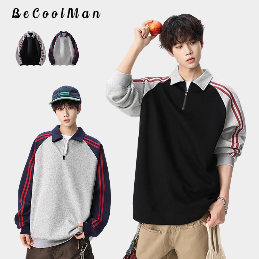 💥BecoolMan💥สไตล์อเมริกันวินเทจ สีดำ เย็บสีแขนยาว การออกแบบซิปครึ่ง ลายทาง ลำลองทรงหลวม รุ่นเดียวกันทั้งชายและหญิง