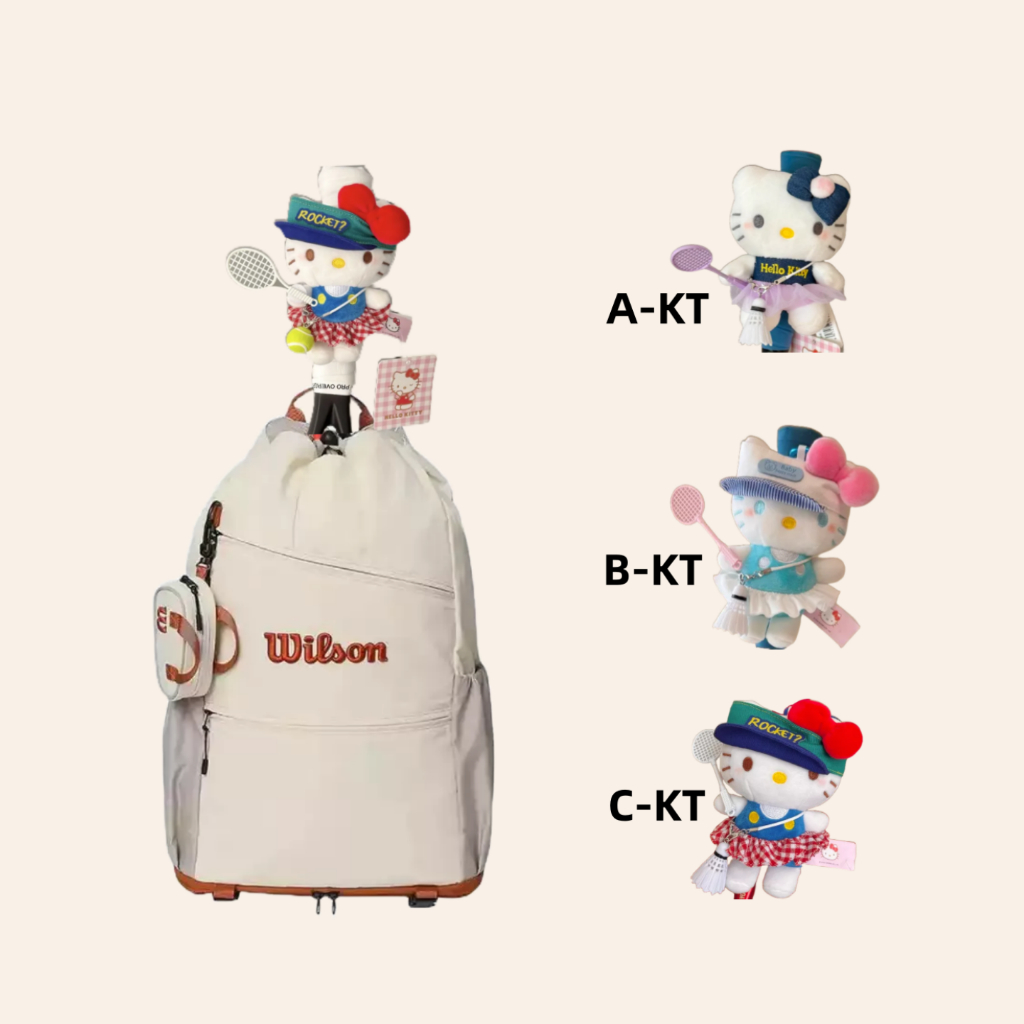 Wilson สายรัดกระเป๋าเป้สะพายหลังพร้อมชั้นวางอิสระ อุปกรณ์เสริมเทนนิส และของสะสม Hello Kitty