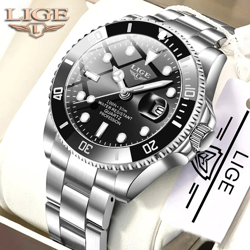 LIGE ของแท้ นาฬิกาข้อมือ สายสแตนเลส กันน้ํา สไตล์สปอร์ต สําหรับผู้ชาย