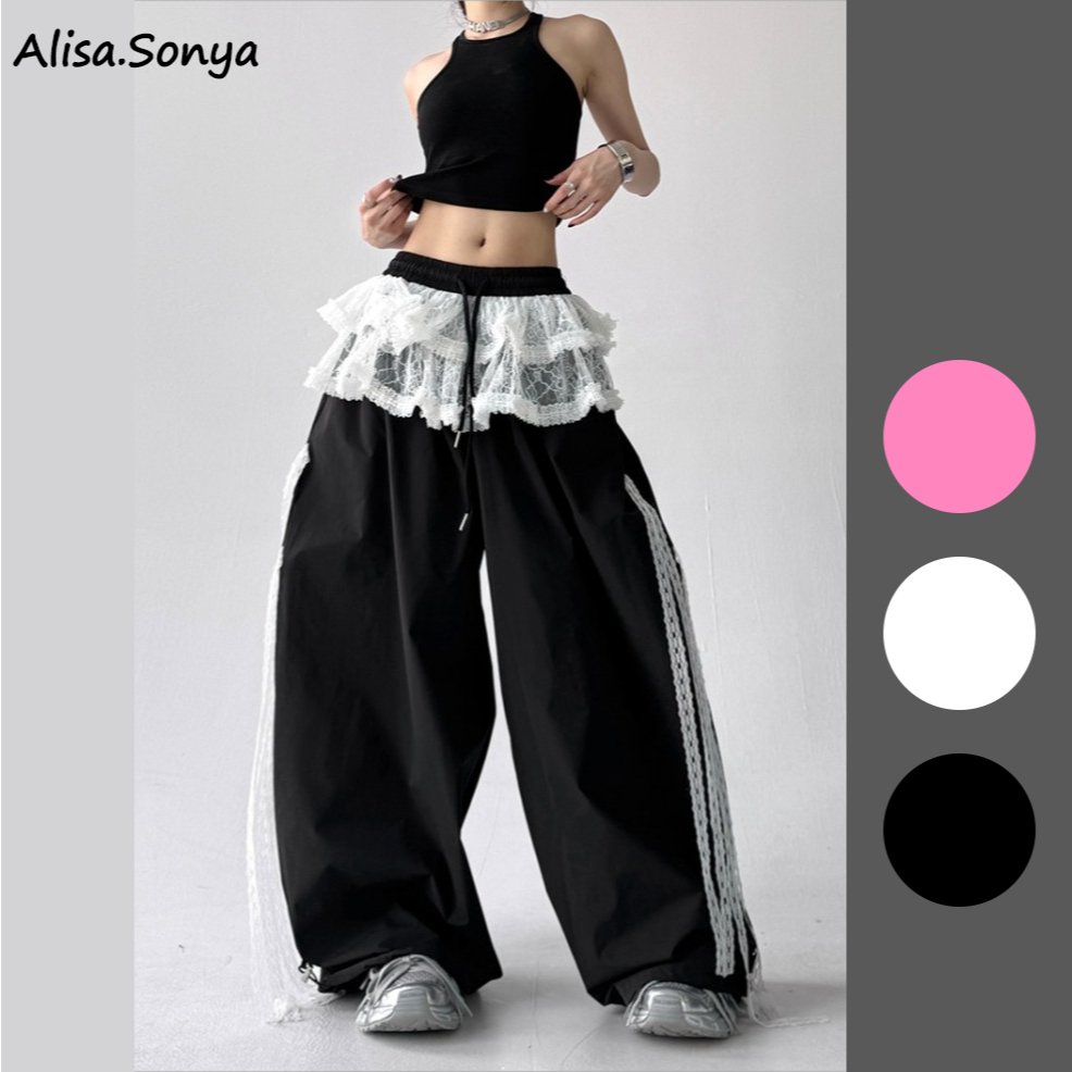 Alisa.Sonya กางเกงขากว้าง แต่งลูกไม้ ปักสีตัดกัน ดีไซน์พิเศษ สำหรับผู้หญิง 24AS1271