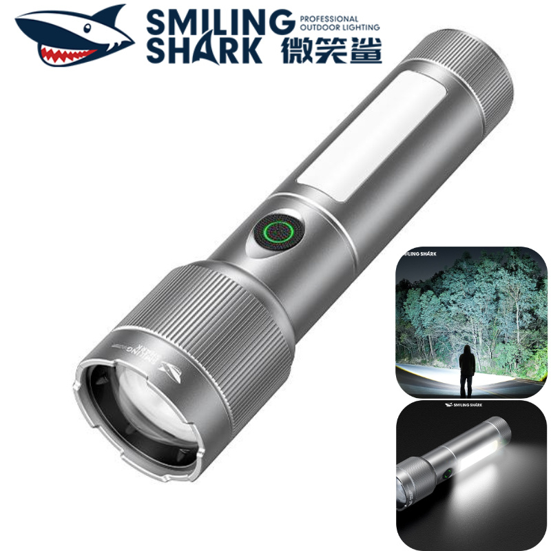 SMILING SHARK ชาร์จไฟฉาย LED Super Bright ไฟฉาย M60 6000LM 7 โหมดสีแดงแฟลชสีฟ้า Type-c ไฟฉุกเฉินกลางแจ้งกันน้ําเดินป่า SD5421
