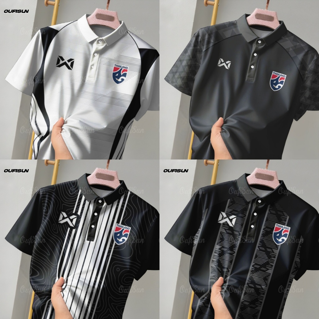 เสื้อโปโลปักสีดำและสีชมพู-ม่วง พร้อมตราทีมฟุตบอล พิมพ์ลายเรขาคณิต แห้งไว สบายเมื่อสวมใส่