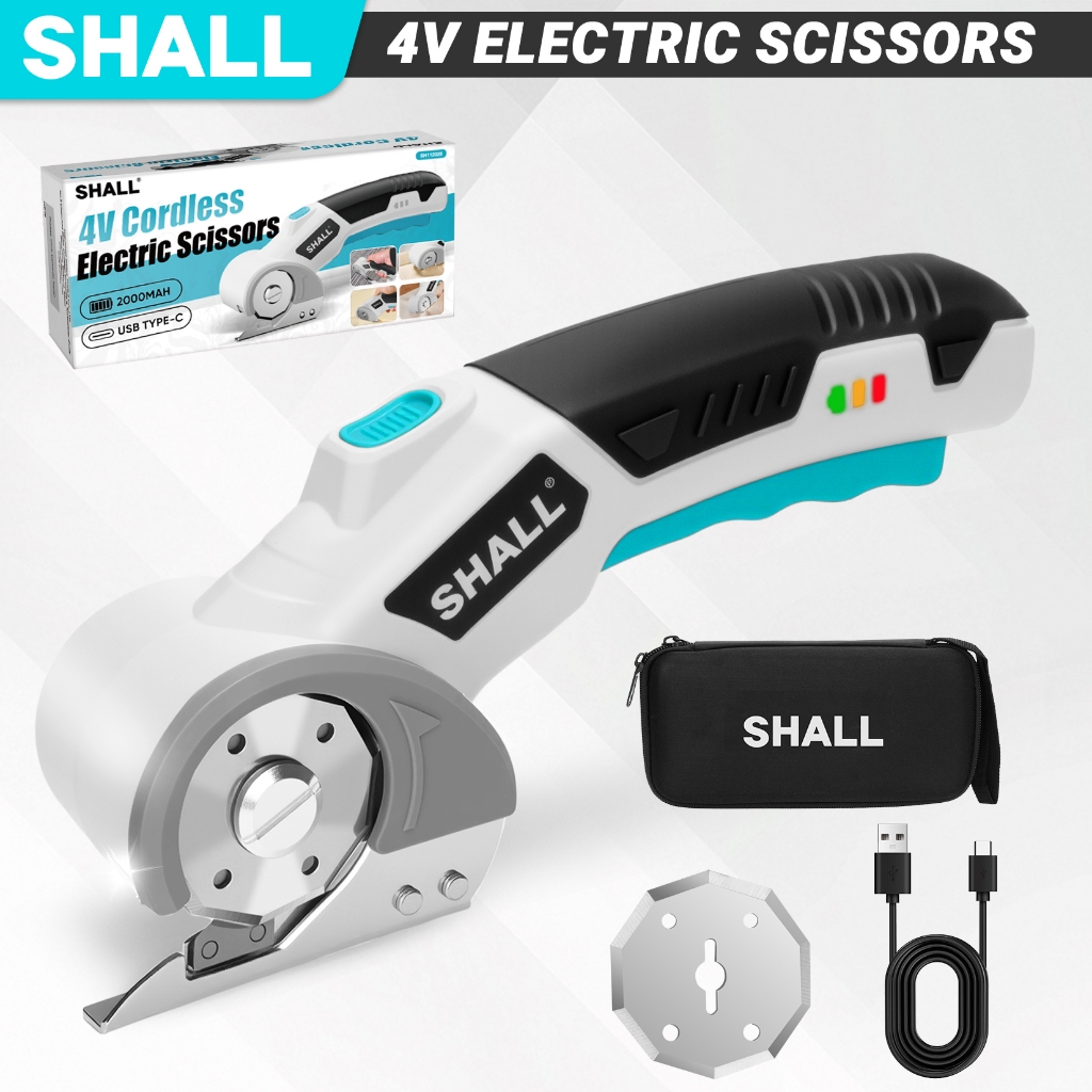 SHALL กรรไกรไฟฟ้าไร้สาย 4V แบตเตอรี่ในตัว ตัดกระดาษกระเบื้องหนัง พรม มีไฟLED มีดสำรอง และระบบล็อกปลอดภัย