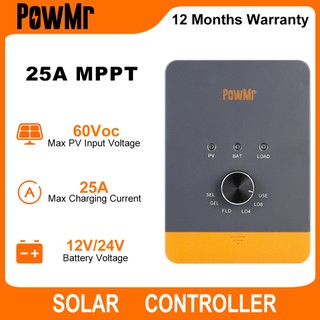 ใหม่PowMr 25A 35A 45A MPPT ตัวควบคุมเครื่องชาร์จพลังงานแสงอาทิตย์ 12V 24V ตัวควบคุมแผงโซลาร์เซลล์จอแสดงผล LCD โหมดควบคุมโหลดต่างๆรองรับแบตเตอรี่ลิเธียม
