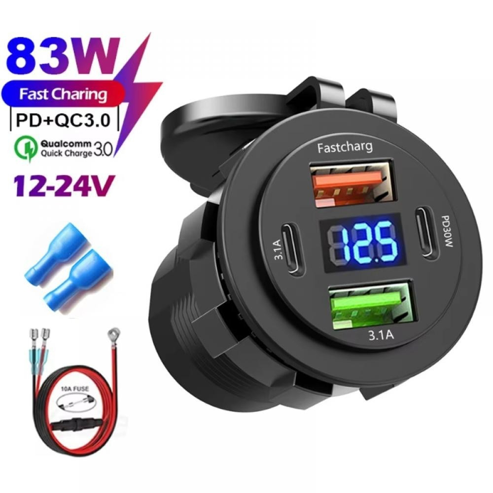 ตัวแปลงไฟรถยนต์ 4 พอร์ต Dual PD & QC3.0 ชาร์จเร็ว 30W พร้อมโวลต์มิเตอร์ กันน้ำ IP66 12V/24V สําหรับ รถยนต์ เรือ จักรยานยนต์ อะแดปเตอร์ในรถ