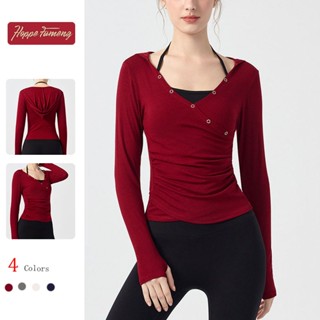 เสื้อยืดออกกำลังกายแขนยาวสำหรับผู้หญิง ระบายอากาศได้ดี เอวซิ…