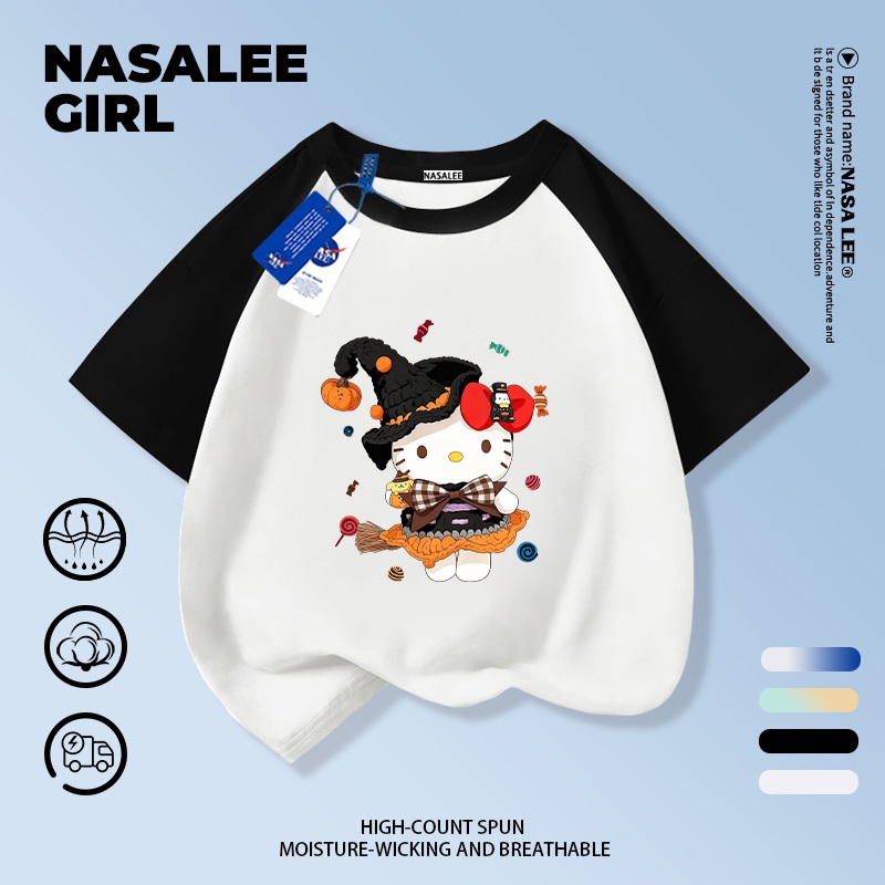 【ส่งในวันเดียวกัน】เสื้อยืดเด็กฮาโลวีน NASA สีขาว ผ้าฝ้ายระบายอากาศดี ลายเฮลโลคิตตี้แม่มดน้อย 3-16 ปี ชาย-หญิง ทรงสวมใส่สบายทันสมัย - รูปที่ 6