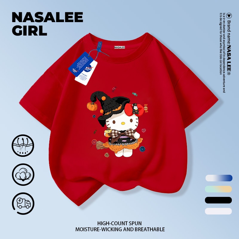 【ส่งในวันเดียวกัน】เสื้อยืดเด็กฮาโลวีน NASA สีขาว ผ้าฝ้ายระบายอากาศดี ลายเฮลโลคิตตี้แม่มดน้อย 3-16 ปี ชาย-หญิง ทรงสวมใส่สบายทันสมัย - รูปที่ 3