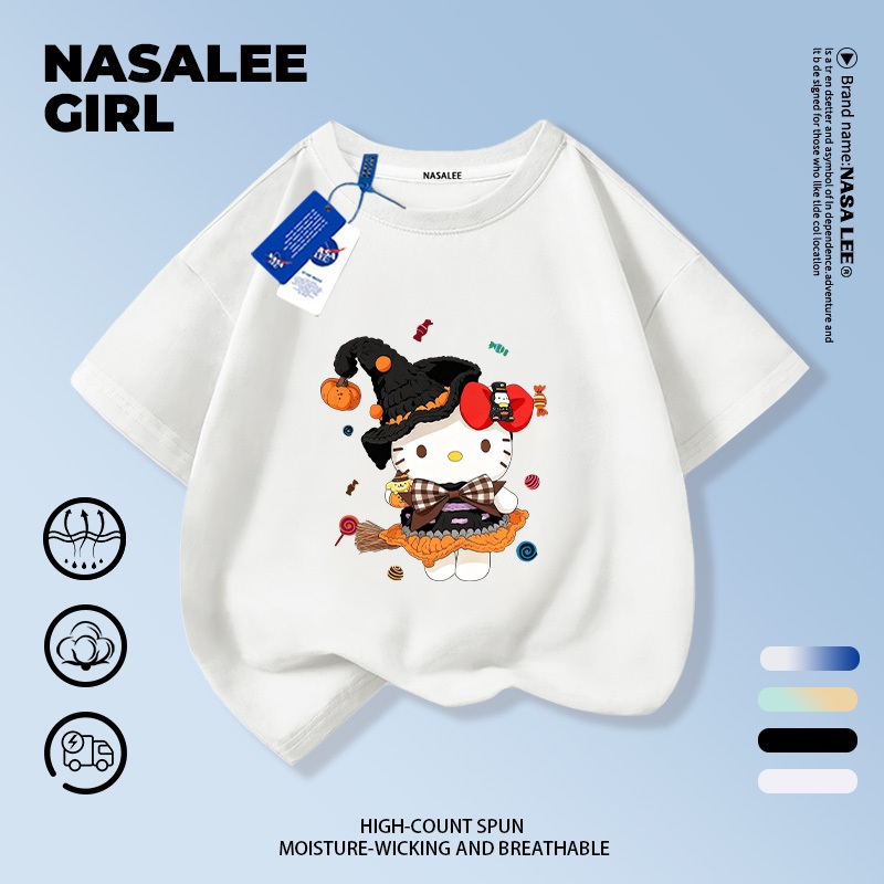 【ส่งในวันเดียวกัน】เสื้อยืดเด็กฮาโลวีน NASA สีขาว ผ้าฝ้ายระบายอากาศดี ลายเฮลโลคิตตี้แม่มดน้อย 3-16 ปี ชาย-หญิง ทรงสวมใส่สบายทันสมัย