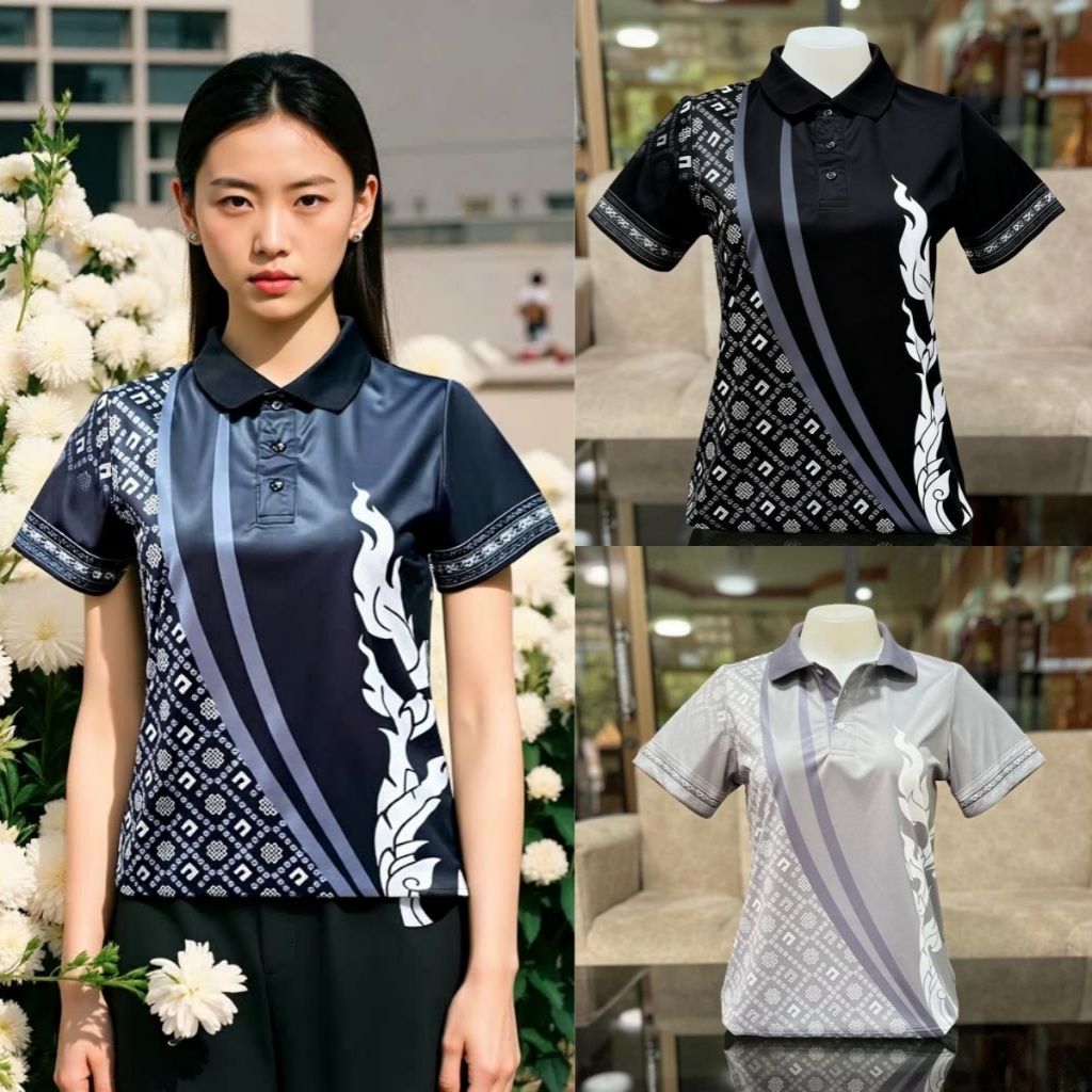พระราชินีพระพันปีหลวงลายประเพณีไทยเสื้อโปโลสีดำผู้ชายวินเทจเสื้อยืดลำลองสไตล์ชาติพันธุ์หลวมแขนสั้นแฟชั่นสะดวกสบายและระบายอากาศ