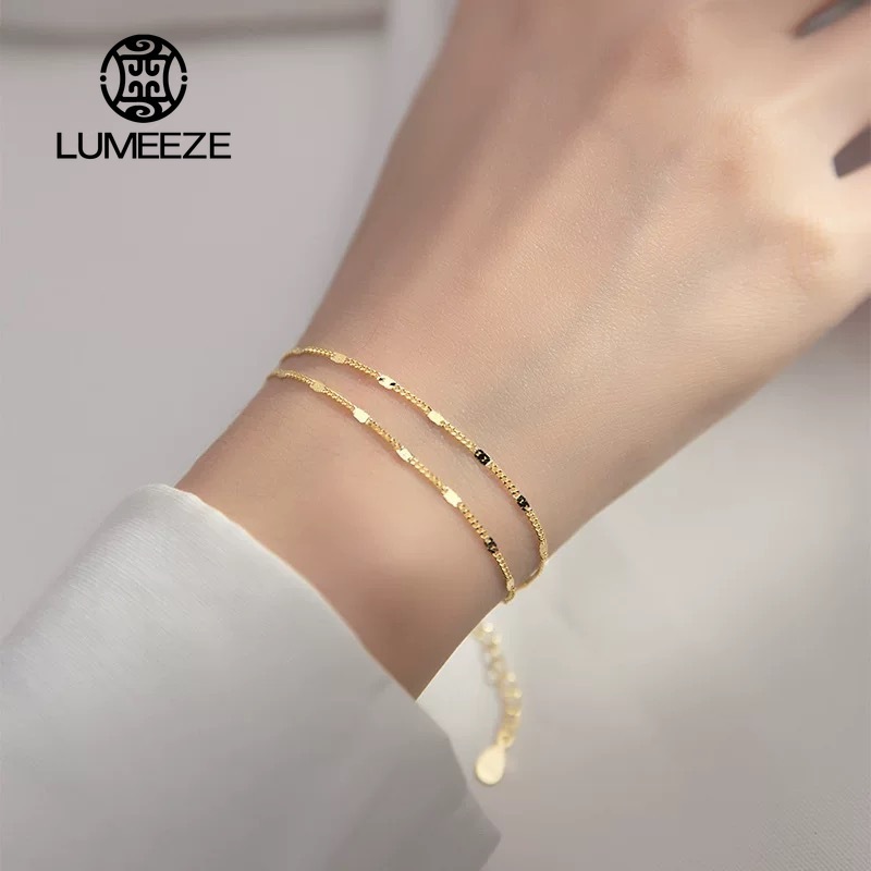 LUMEEZEL สแตนเลสสตีล Double-Layer Chain สร้อยข้อมือผู้หญิง Elegant Design อย่างง่ายเงานักเรียนเกาหลีอุปกรณ์เสริม E141 #