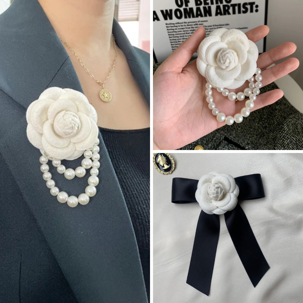 เข็มกลัด Camellia เกาหลีหรูหรา Vintage Wool Pearl Rose Pin สําหรับผู้หญิง