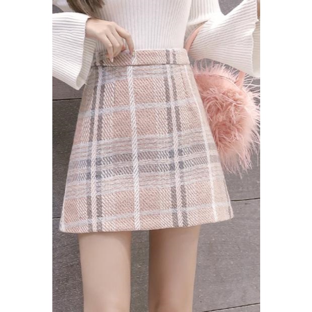 ฤดูใบไม้ร่วงฤดูหนาวสาวกระโปรงตรวจสอบกระโปรงทําด้วยผ้าขนสัตว์กระโปรง ก กระโปรง ผอมลง ดู