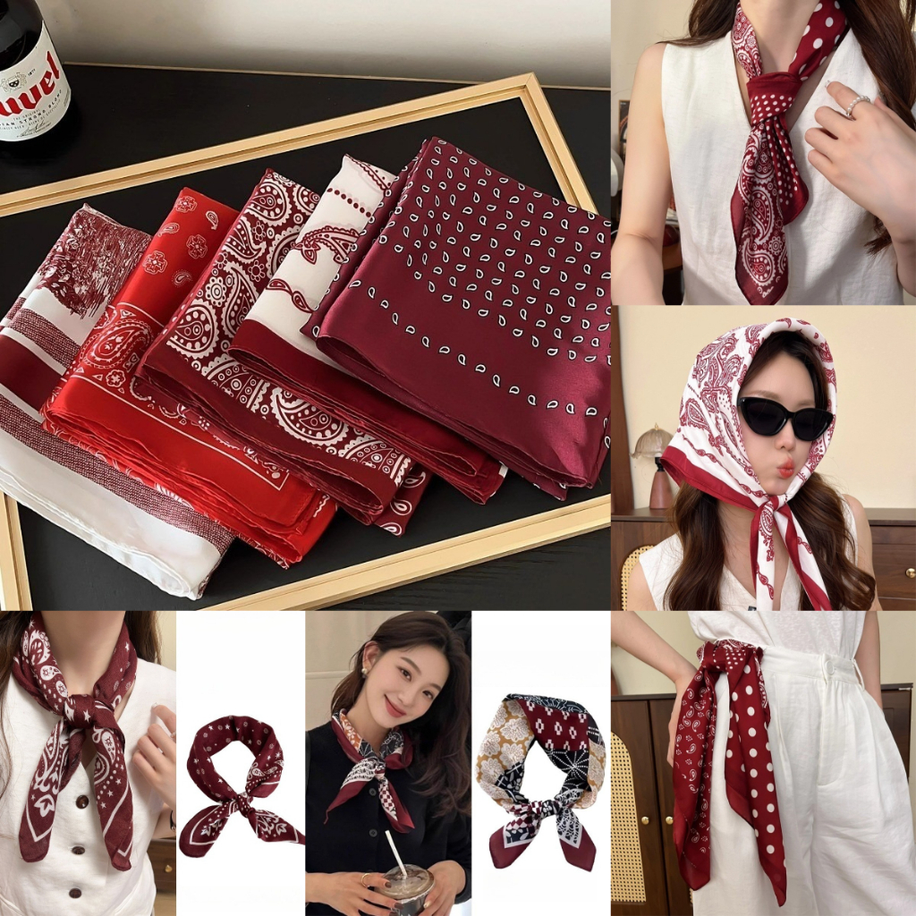 ผ้าพันคอมีดีไซน์ย้อนยุคสำหรับสตรี พร้อมผ้าคลุมศีรษะและผ้าไหมสามเหลี่ยม