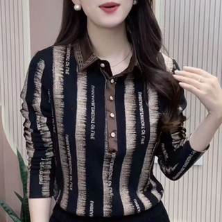 เสื้อโปโลลายทางวินเทจแขนยาวสำหรับผู้หญิง ติดกระดุม สวมใส่สบา…