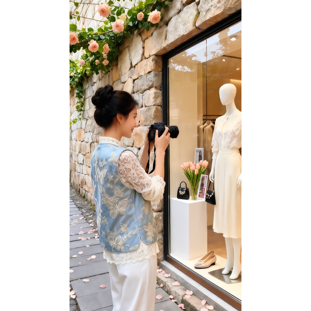 เสื้อกั๊กผ้าแจ็คการ์ดลายผีเสื้อ แขนกุด มีเข็มขัดสไตล์จีน - รูปที่ 4