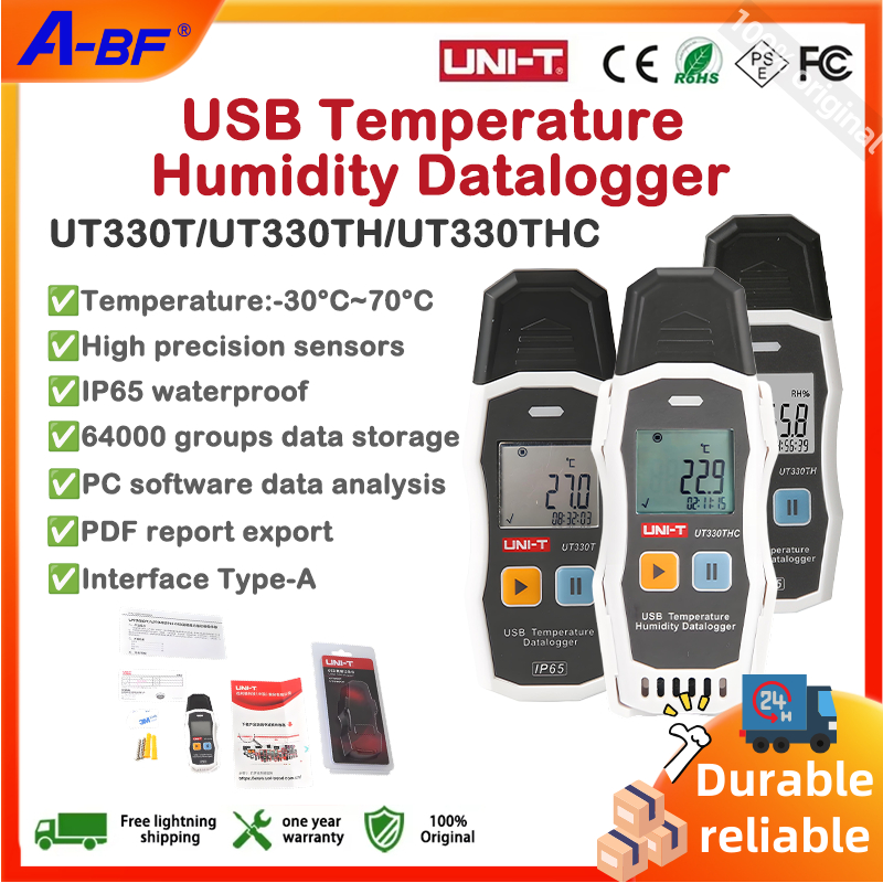 UNI-T USB เครื่องวัดความชื้นอุณหภูมิ UT330TUT330THUT330THC 64000 กลุ่มการจัดเก็บ 140- วันอายุการใช้งานแบตเตอรี่ PC/APP การส่งออกข้อมูลเข้ากันได้กับการนําเสนออาหาร