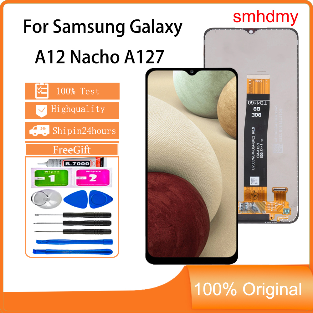 Smhdmy Ori จอแสดงผลสําหรับ Samsung Galaxy A12 Nacho A127 เปลี่ยนหน้าจอสัมผัส LCD