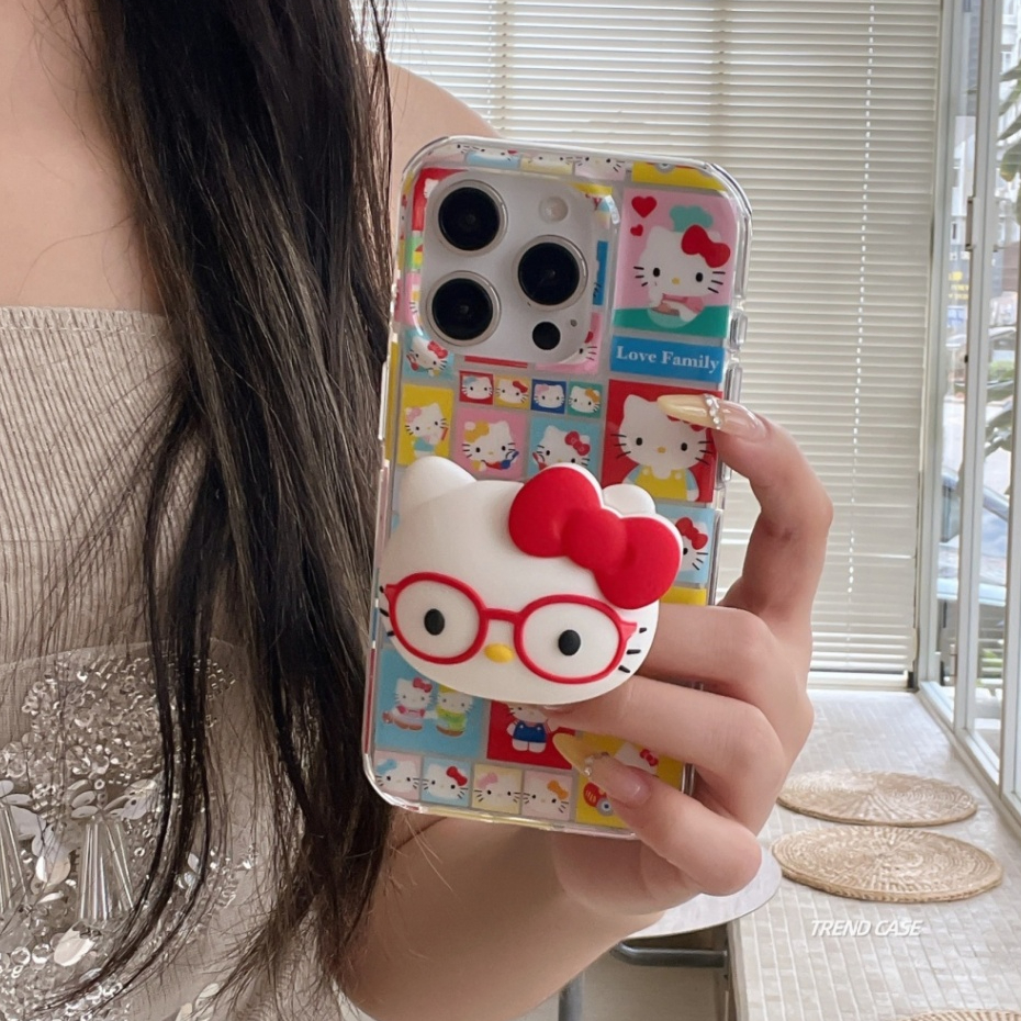 การ์ตูนตาข่าย Hello Kitty วงเล็บเคสโทรศัพท์สําหรับ iPhone 17ProMax 17 16 15 14 Pro Max กันชนนุ่มกันกระแทก