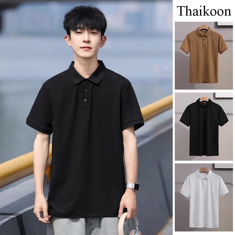เสื้อโปโลผู้ชายสีดํา - ลําลอง ทรงหลวม เรียบง่าย กึ่งฟอร์มัล ผ้าระบายอากาศ ไม่หลอก