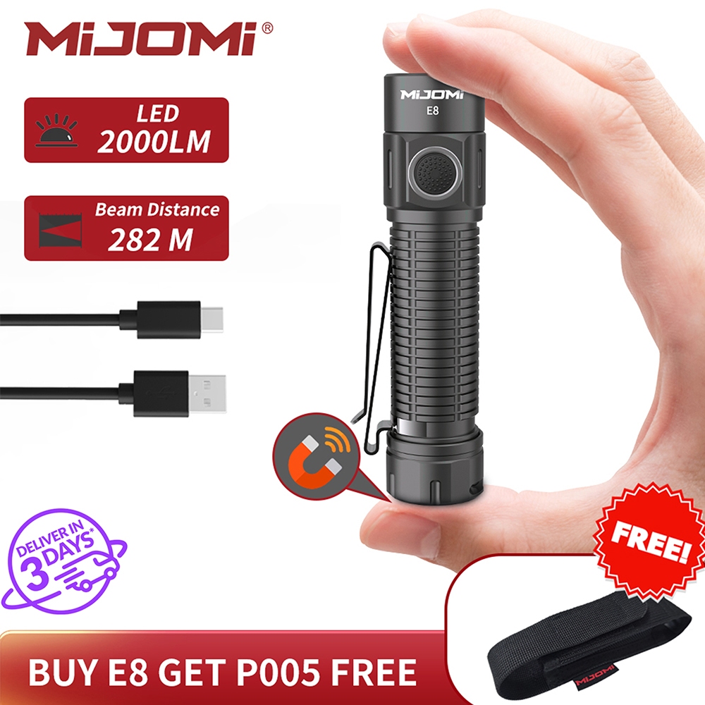 Mijomi EDC ไฟฉาย E8 2000 Lumen ความสว ่ างสูงไฟฉาย 18650 Type-C ไฟฉายแบบชาร ์ จไฟได ้ IPX8 กันน ้ ํา