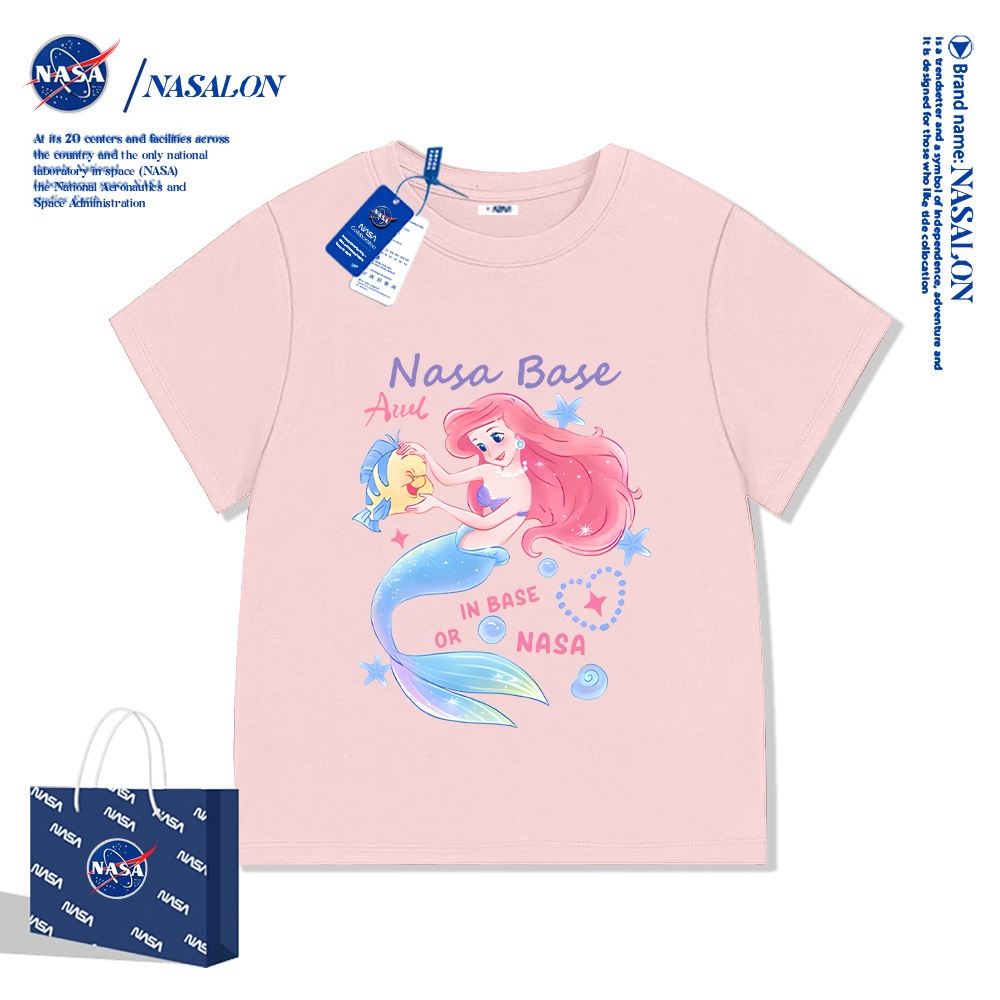 NASA เสื้อยืดเด็กแขนสั้น ผ้า cotton 100% เสื้อเด็กผู้หญิง ลายการ์ตูนเงือก นุ่มสบาย ระบายอากาศดี คุณภ