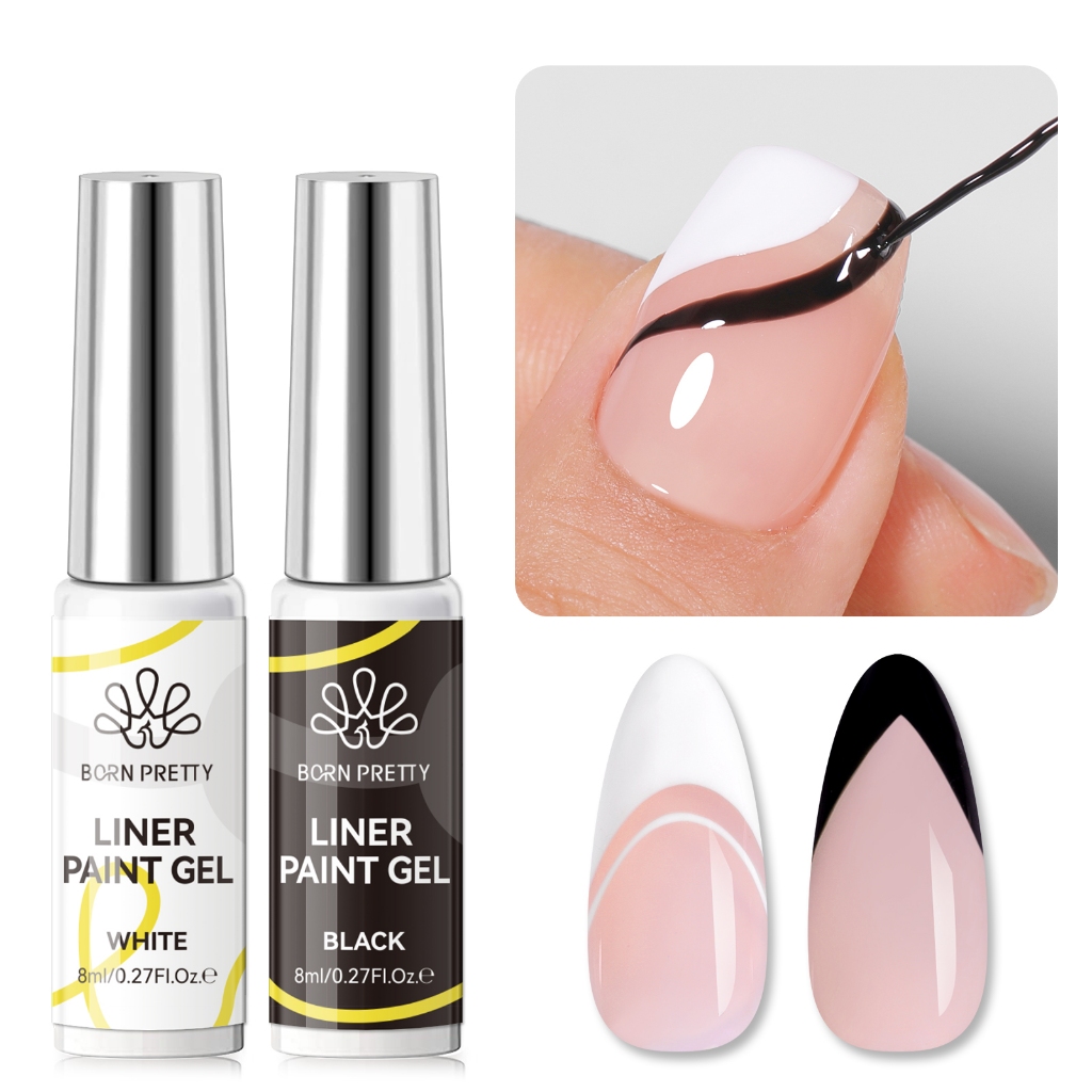 BORN PRETTY 2PCS สีดําสีขาวสายเจลเล็บ Ultra-thin Shinning Graffiti Stripe ภาพวาดเล็บเจล 8ml
