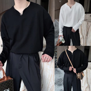 เสื้อยืดแขนยาว คอวี ทรงหลวม สีพื้น เข้ากับทุกการแต่งกาย แฟชั่นฤดูใบไม้ผลิ และฤดูร้อน สไตล์เกาหลี สําหรับผู้ชาย