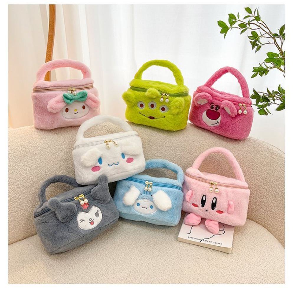กระเป๋าใส่เครื่องสำอาง ขนนิ่ม ใส่ของได้เยอะ ลายการ์ตูน มีหูหิ้ว แบบพกพา  มี11ลาย มีซิป สีพาสเทลสวยมาก